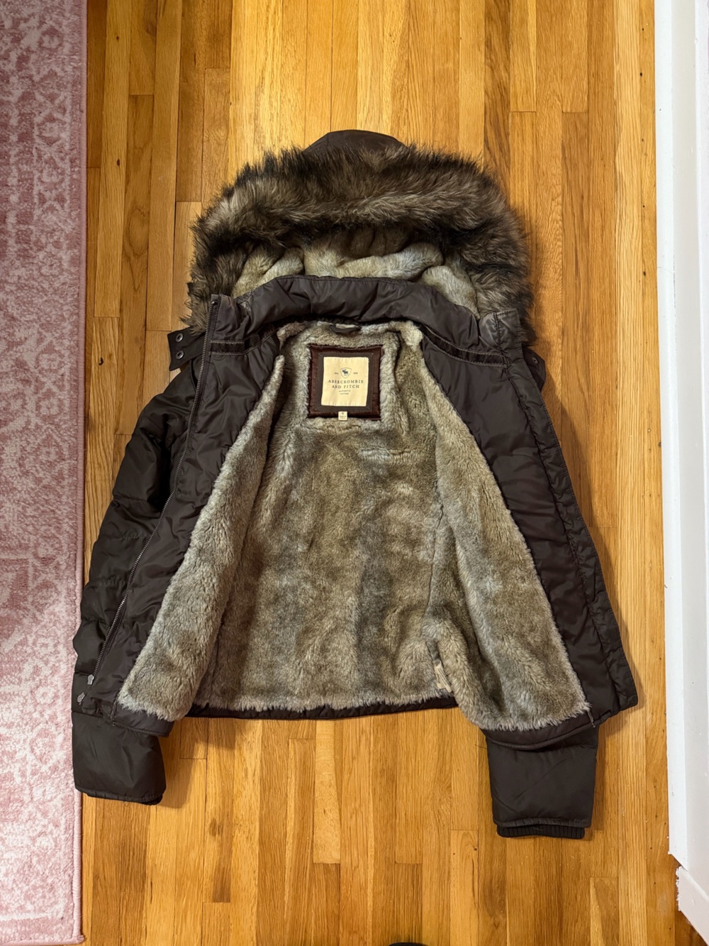 Abercrombie & Fitch Vintage Womens Brown Fur Hooded Down Puffer Jacket Y2K